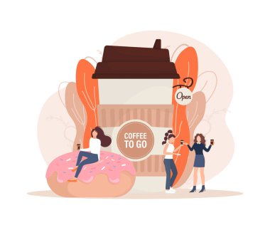 Kahveli düz bir illüstrasyon. Çizgi film insanları çizimi. Kağıt bardakta içki içen karakterler. Alışveriş, içki, kahve konsept olsun..