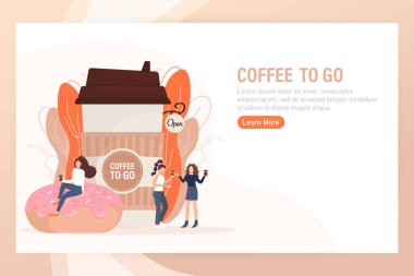 Kahveli düz bir illüstrasyon. Çizgi film insanları çizimi. Kağıt bardakta içki içen karakterler. Alışveriş, içki, kahve konsept olsun..