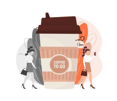 Kahveli düz bir illüstrasyon. Çizgi film insanları çizimi. Kağıt bardakta içki içen karakterler. Alışveriş, içki, kahve konsept olsun..