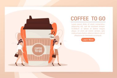 Kahveli düz bir illüstrasyon. Çizgi film insanları çizimi. Kağıt bardakta içki içen karakterler. Alışveriş, içki, kahve konsept olsun..