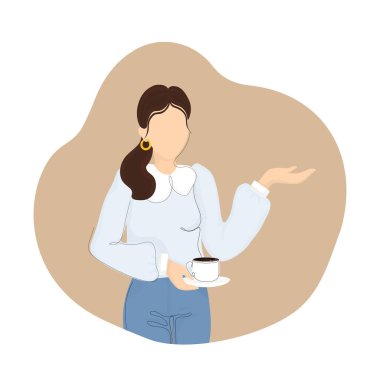 Eskiz tarzında kahve içen bir kız. Vektör sanat illüstrasyonu. Moda baskısı. Komik parti. Vektör sanatı illüstrasyonu.