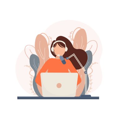 Düz bir şekilde insanlarla canlı yayın. Podcast 'i dinle. Düz çizim. Vektör illüstrasyonu.