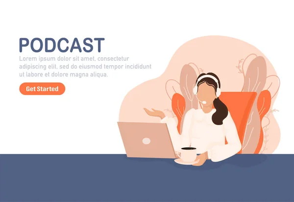 Live webcast in platte stijl met mensen. Luister naar podcast. Platte illustratie. Vectorillustratie. — Stockvector