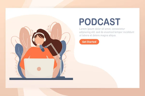 Live webcast in platte stijl met mensen. Luister naar podcast. Platte illustratie. Vectorillustratie. — Stockvector