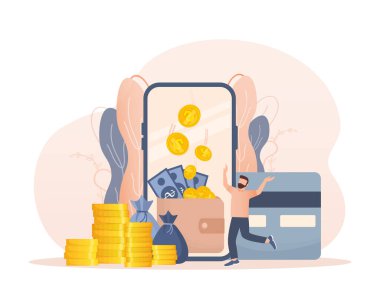 Cep telefonu ödemesi yapanlar. Düz izometrik vektör çizimi. QR kodu, mobil cihaz. Banka hatta. Vektör illüstrasyon tasarımı.