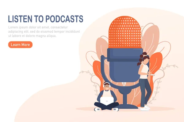 Live webcast in platte stijl met mensen. Luister naar podcast. Platte illustratie. Vectorillustratie. — Stockvector