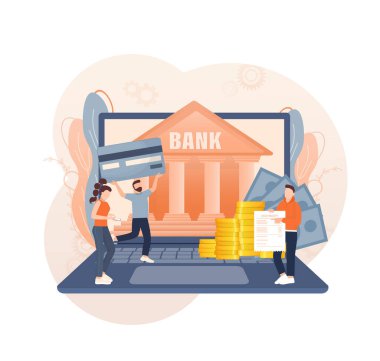 Hesap sayfası tasarımı için hat bankacıları. İzometrik vektör çizimi. Banka hatta. Vektör illüstrasyonu.