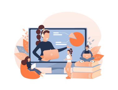 Web tasarımı için çevrimiçi çizgi film öğretmeni. Çizgi film karakteri. Web tasarımı. Web pazarlama tasarımı için bir karakter. Vektör illüstrasyonu.