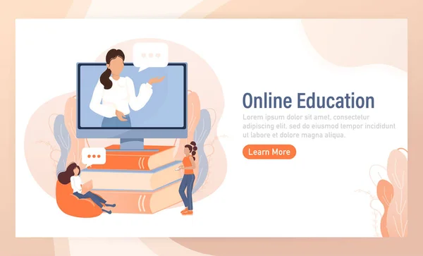 Çevrimiçi eğitimi olan düz bir simge. Web pazarlama tasarımı için bir karakter. Teknoloji konsepti. Vektör illüstrasyonu.