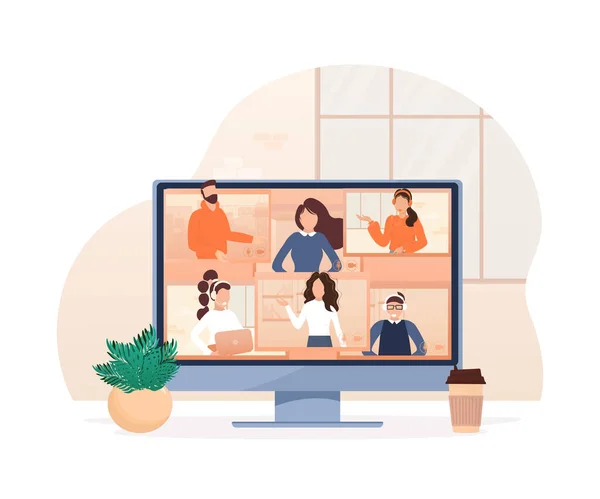 Flat illustration. Video conference. Video call between friends, chatting online by mobile app. Stay at home, work, communication remotely. Vector illustration. — Stock Vector