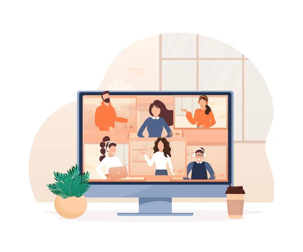 Ilustração plana. Videoconferência. Chamada de vídeo entre amigos, conversando on-line pelo aplicativo móvel. Fica em casa, trabalha, comunica-te remotamente. Ilustração vetorial. — Vetor de Stock