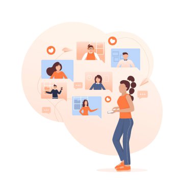 Broşür tasarımı için beyaz arka planda megafon tutan bir arkadaşa atıfta bulun. Düz biçimli vektör illüstrasyonu.