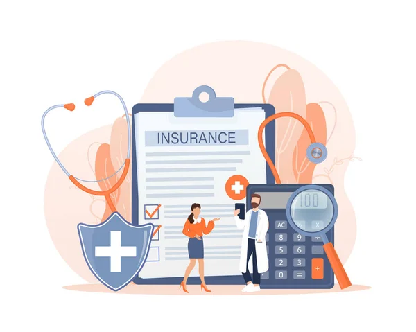 Vector illustration with health insurance concept. Big clipboard with doctor and woman. Healthcare, finance and medical service. Vector illustration in flat style. — Stock Vector