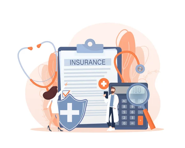 Vector illustration with health insurance concept. Big clipboard with doctor and woman. Healthcare, finance and medical service. Vector illustration in flat style. — Stock Vector