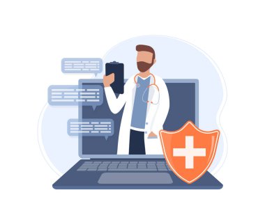 Çevrimiçi doktorla düz çizim. Doktor konsültasyonu. Vektör çizimi düz tasarım. Görüntülü sohbet.