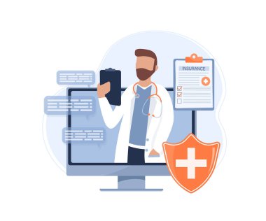 Çevrimiçi doktorla düz çizim. Doktor konsültasyonu. Vektör çizimi düz tasarım. Görüntülü sohbet.