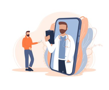 Çevrimiçi doktorla düz çizim. Doktor konsültasyonu. Vektör çizimi düz tasarım. Görüntülü sohbet.