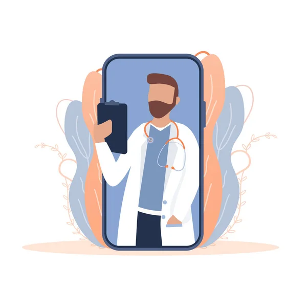 Ilustrasi yang datar dengan dokter online. Konsultasi dokter. Vektor ilustrasi desain datar. Obrolan video. - Stok Vektor