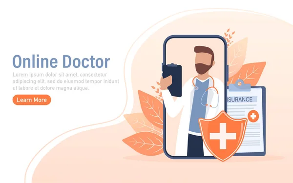 Επίπεδη απεικόνιση με online γιατρό. Ιατρική συμβουλή. Εικονογράφηση διάνυσμα επίπεδη σχεδίαση. Βίντεο chat. — Διανυσματικό Αρχείο
