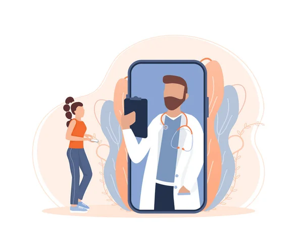 Ilustrasi yang datar dengan dokter online. Konsultasi dokter. Vektor ilustrasi desain datar. Obrolan video. - Stok Vektor