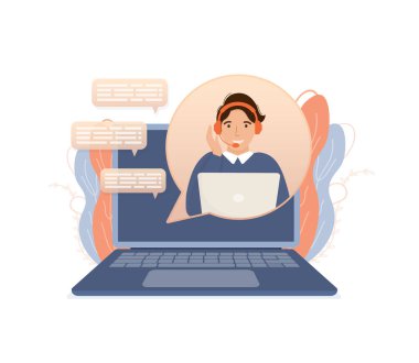 Çağrı merkezi, düz vektör çizimleri. Kulaklık takmış, gülümseyen ofis çalışanları. Kulaklıklı karakter ve dizüstü bilgisayarlı mikrofon.