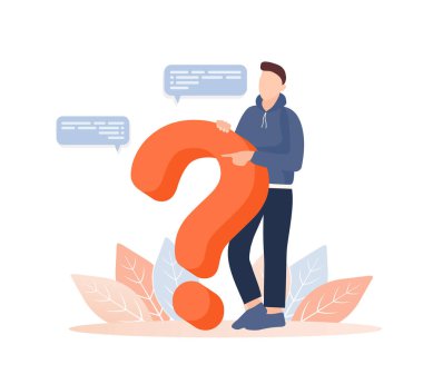 İniş sayfası tasarımı için insanları sorgulamak. Düz vektör çizimi. İnsanlar iletişim kurar. Vektör illüstrasyonu.