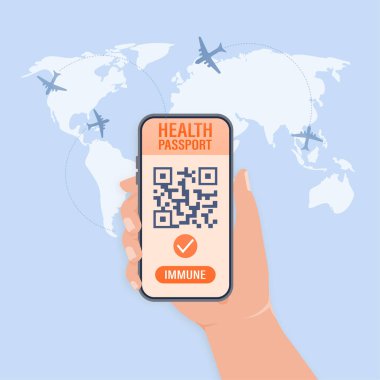 Covid-19 için bağışıklık sistemi dijital sağlık pasaportlu cep telefonu. Yeşil simge. Isometric konsepti. Covid PCR test vektör simgesi. Vektör izometrik illüstrasyon.