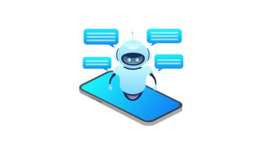 Akıllı telefondan konuşan robot asistanı beyaz ve yeşil ekran arka planında konuşma baloncuklarıyla sohbet ediyor.