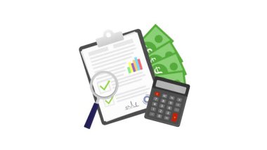 Büyüteç, hesap makinesi ve nakit ile mali rapor, beyaz ve mavi arka planda izole