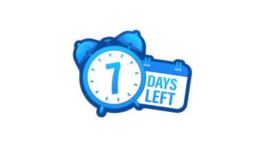 Canlandırılmış mavi alarm saati ve takvim simgesi, beyaz ve yeşil ekran arkaplanlarında izole edilmiş, yedi gün kaldığını gösteriyor