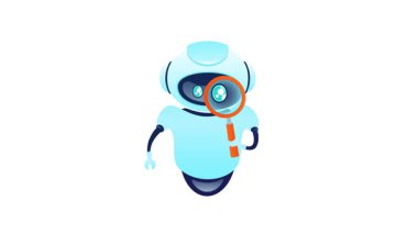 Canlandırılmış robot elinde büyüteç ve ünlem işareti tutuyor, beyaz ve yeşil ekran arka planlarında izole edilmiş.