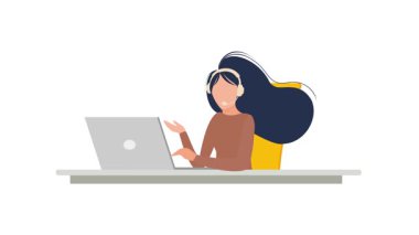 Kulaklıklı animasyon kadın laptopta çalışıyor, beyaz ve yeşil ekran arka planında.