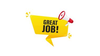 Beyaz ve yeşil ekran arka planında megafon animasyonu olan harika bir iş mesajı