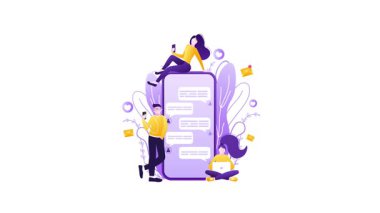 Genç insanların beyaz ve yeşil ekranda dev bir akıllı telefondan sohbet edişlerinin animasyonu