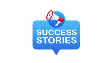 Animasyon başarı hikayeleri beyaz ve yeşil ekran arka planında megafon simgesi ile konuşma balonu