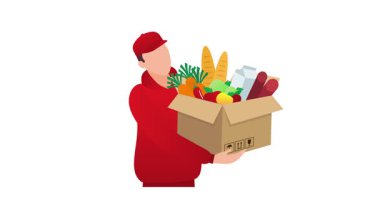 Teslimatçı, beyaz ve krom arka planda karton kutuda erzak taşıyor.