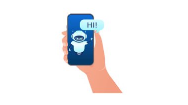 Chatbot, boş bir konuşma balonu ve Hi ile bir elin tuttuğu akıllı telefon ekranında beliriyor. ileti, beyaz ve yeşil ekran arkaplanı
