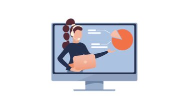 Animasyon iş kadını bilgisayar ekranında veri analizi sunuyor, beyaz ve yeşil ekran arka planına sahip.