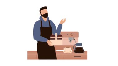 Kahveci beyaz ve yeşil ekranlı kahve ve kek sunar.