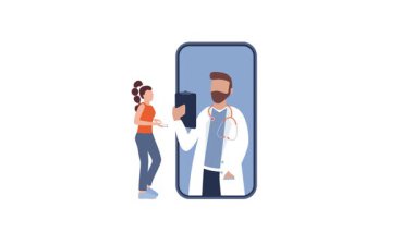 Çevrimiçi tıbbi danışma, doktor ve hasta akıllı telefondan konuşuyor.