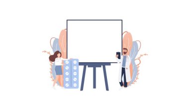 Sağlık uzmanları beyaz tahtayla hapları beyaz ve yeşil ekranda sunuyorlar.