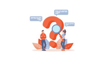 Çizgi film karakterleri, beyaz ve yeşil ekran arka planında büyüteçle soru işaretini analiz ediyor