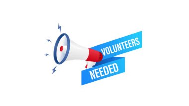 Megafon, beyaz ve yeşil ekran arka planında gönüllüler aranıyor.
