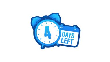 Alarm saati ve takvimi olan geri sayım animasyonu beyaz ve yeşil ekran arkaplanlarında izole edilmiş dört günü gösteriyor