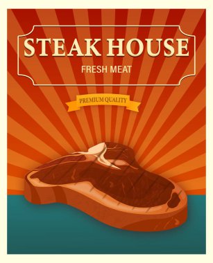 Biftek evi reklamı. Eski moda kaliteli pankartıyla taze et sergileniyor.