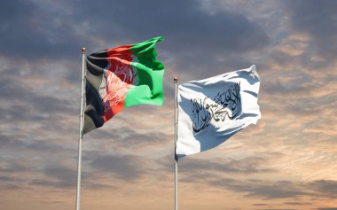 Afganistan ve Taliban 'ın güzel ulusal bayrakları gökyüzünde birlikte. 3B sanat eseri konsepti.