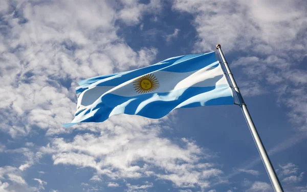 Beautiful national state flag of Argentina fluttering at sky background. Low angle close-up Argentina flag 3D artwork.