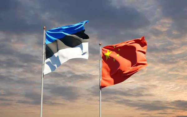 Çin Estonya Nın Güzel Ulusal Bayrakları Gökyüzünde Birlikte Sanat Eseri — Stok fotoğraf
