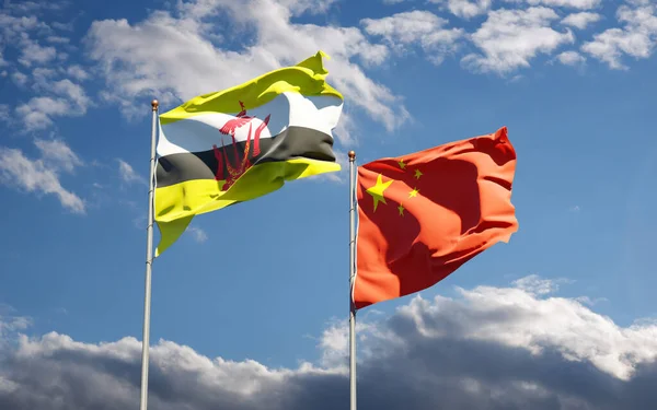 Hermosas Banderas Estatales Nacionales China Brunnei Juntas Fondo Del Cielo —  Fotos de Stock