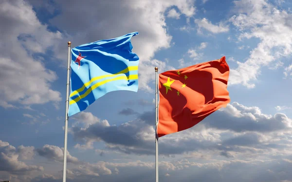 Beautiful National State Flags China Aruba Together Sky Background Artwork — Stock Photo, Image